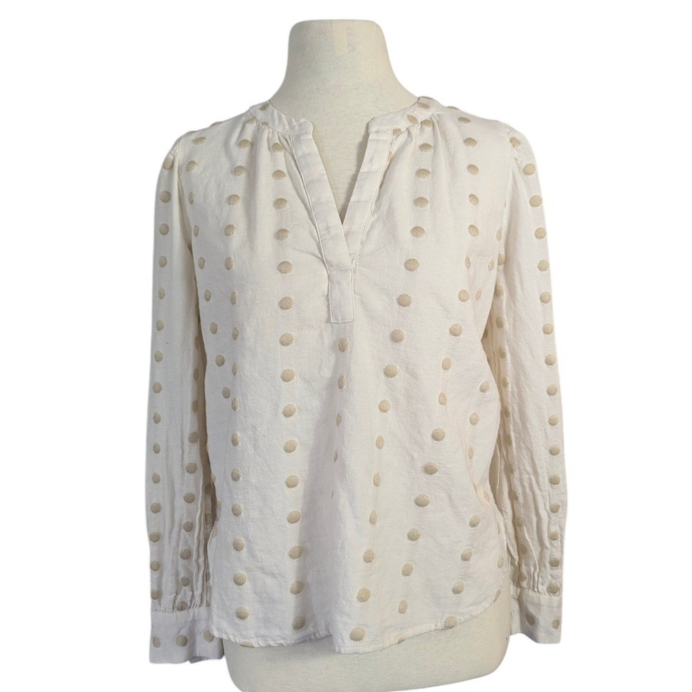 LOFT Petites White Tan Polka Dot Clip Dot Split Neck Blouse XSP Long‎ Sleeve